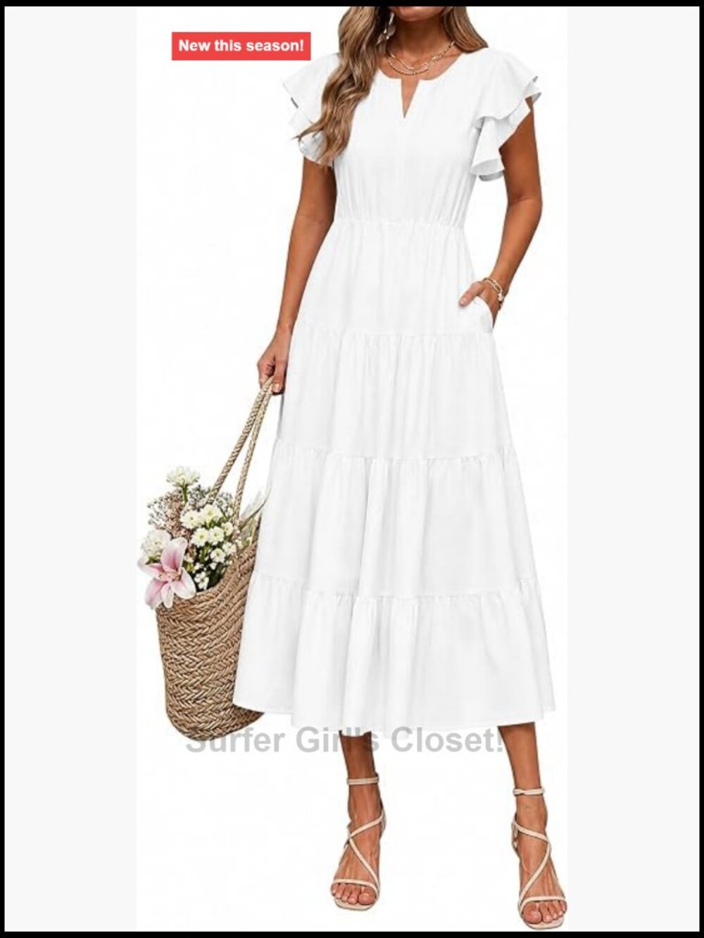 Women V Neck Midi Dress Flutter Sleeve Tiered Casual Summer Dress